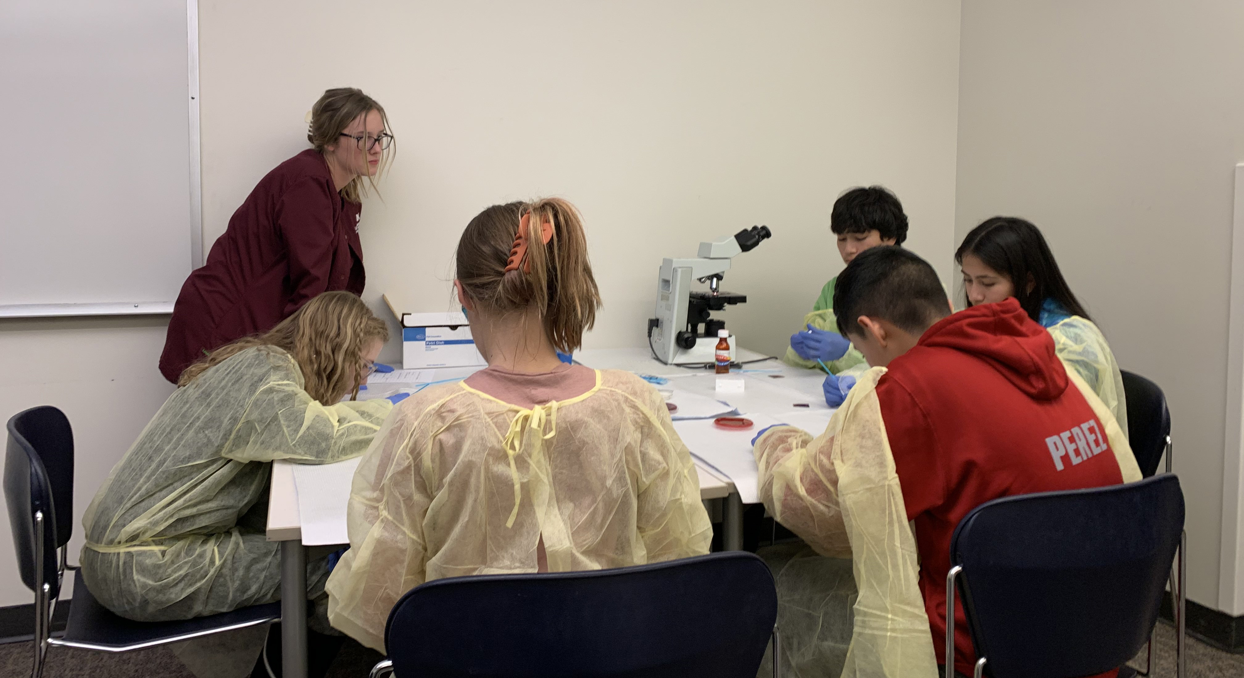 Students practice microscope technique.